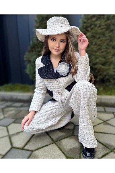 By Feyza Kids Collection By Feyza Kız Çocuk Ekose Ceket,Pantolon Takım-Şapka ve Gül Broş Dahil-Kışlık Klasik kombin-5-12 Yaş
