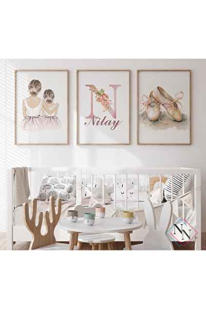 NN DECOR İsme Özel Anne- Kız Balerin Konseptli 3'lü Set - Doğal Ahşap Çerçeveli, Kız Bebek ve Çocuk Odası