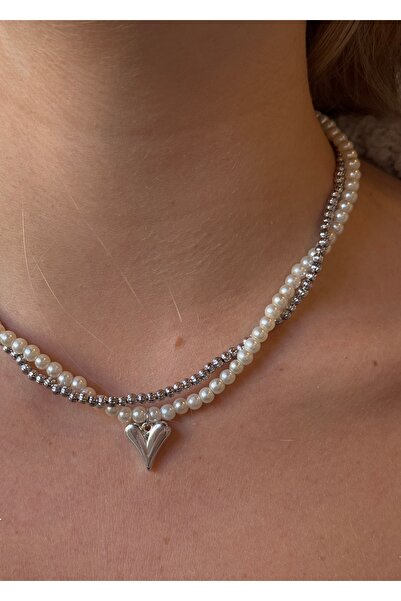KİLİGİSTANBUL Silver Color Multiple Pearl Heart Necklace 40 5 cm