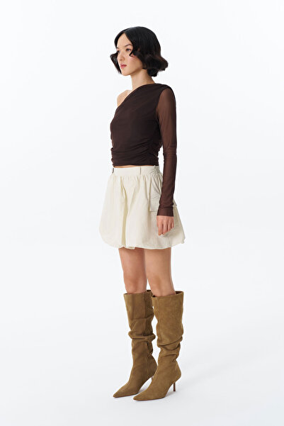 Quzu Brown Tulle Blouse - Off Shoulder Detail