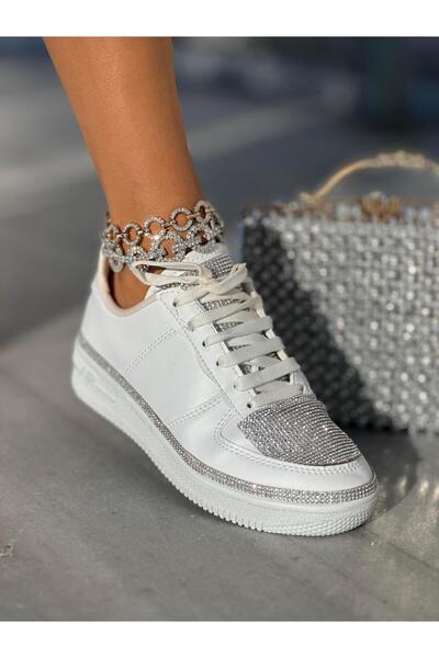 Giydim Gidiyor Litra Kristal Taşlı Spor Ayakkabı Beyaz Gümüş