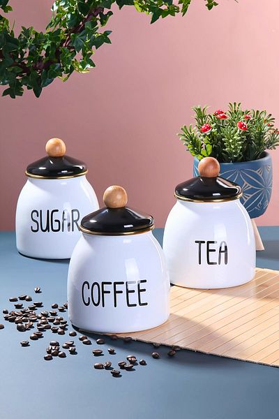 Woodcept 3-Piece Luxury Enamel Coffee Tea Sugar Jar Set, Countertop Enamel 3-Piece Jar Set 1000 ml