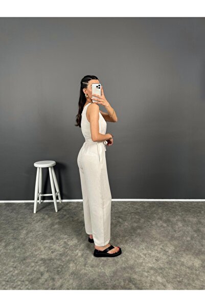 Gaus Linen Jumpsuit - Corel Stone and Belt Detail