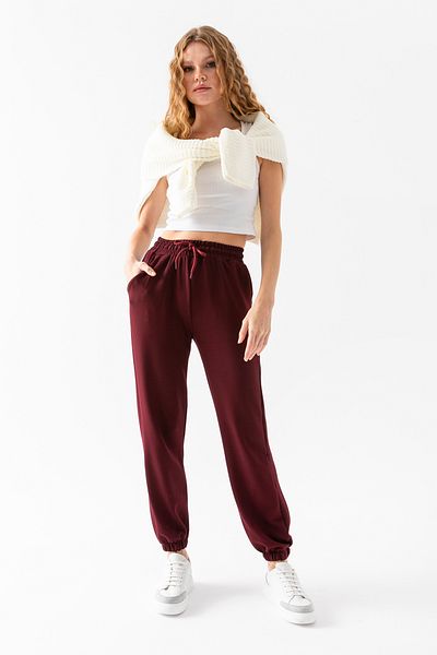 CNRCollection Pantaloni de sport modal burgundy cu buzunare cu talie înaltă - textura elastică și moale