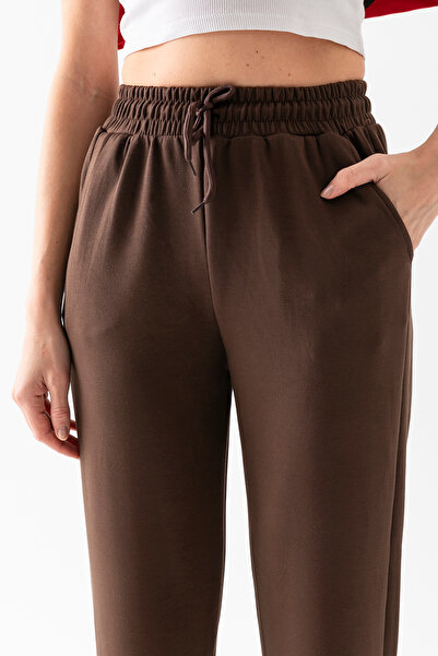 CNRCollection Kadın Kahverengi Modal Kumaş Yüksek Bel Cepli Yumuşak Dokulu Paçası Lastikli Modal Eşofman Altı