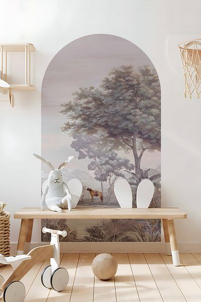 Grafikup Autocolant de perete decorativ Boho Oval - Autocolant de perete oval cu model de peisaj și animale