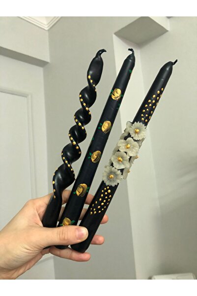 Elif Design 3’lü siyah ve gold detaylı şamdan mum seti