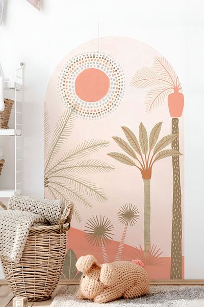 Grafikup Autocolant de perete decorativ Boho Oval - Autocolant de perete oval cu model de peisaj și animale
