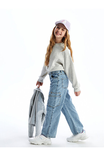 LC Waikiki Blue Girl's Jean Trousers with Adjustable Waist Elastic