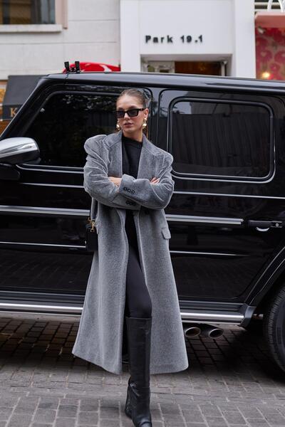 Askı Nişantaşı Gri Kaşmir Dokulu Cepli yumoş Kaban