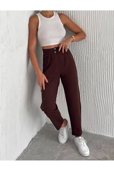 Şanss Butik Crepe Double Buttoned Elastic Waist Carrot Mold Trousers