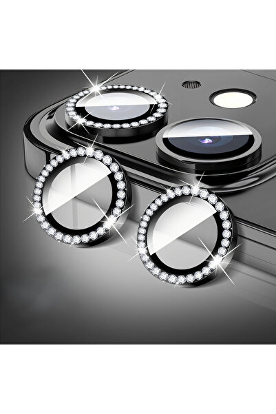 Fibaks Apple iPhone 11 - 12 - 12 Mini Taşlı Parlak Kamera Lens Koruyucu Cam ve Çerçeve Kamera Koruma Lensi