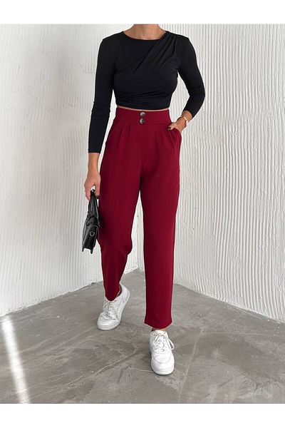 Şanss Butik Pants with Crepe Ornament Button with Button with Elastic Waist