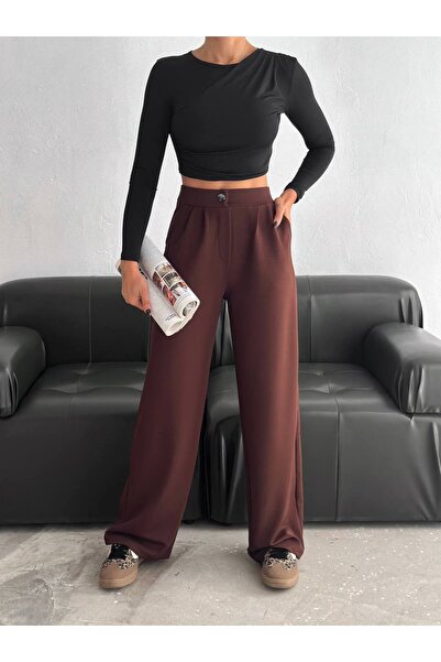 sportiness Wide Leg Buttoned Palazzo Pants with Elastic Waist