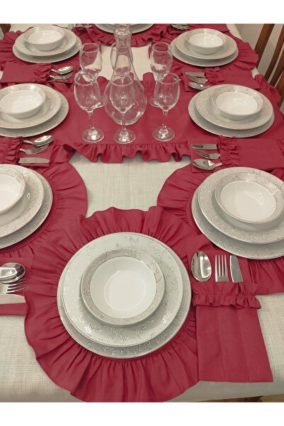 AHSERHOME BORDO 8 KİŞİLİK 17 PARÇA DUCK KETEN AMERİKAN SERVİSİ