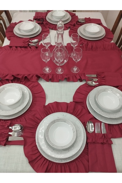 AHSERHOME BORDO 6 KİŞİLİK 13 PARÇA DUCK KETEN AMERİKAN SERVİS