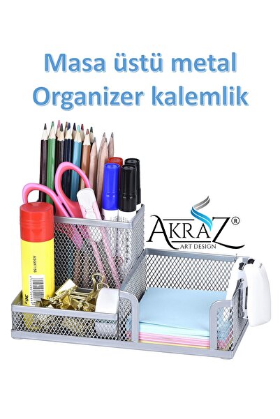 Akraz Art Design MASA ÜSTÜ METAL KALEMLİK ÜÇ GÖZLÜ (MASA SETİ) GRİ