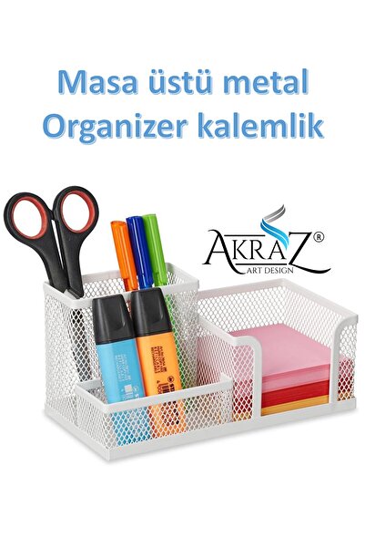 Akraz Art Design MASA ÜSTÜ METAL KALEMLİK ÜÇ GÖZLÜ (MASA SETİ) BEYAZ