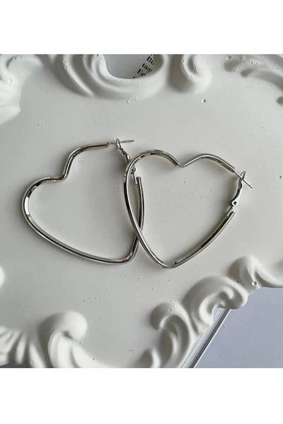 mos&more Silver Earrings Thin Hoop Big Heart Earrings