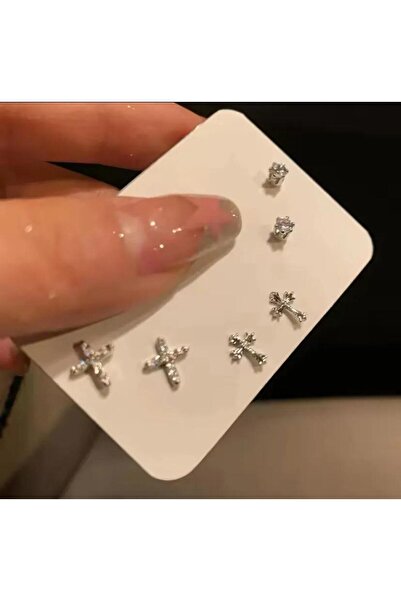 Vintageamer 925 Ayar Gümüş Haç Figürlü Çoklu Küpe Seti