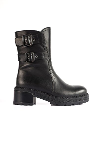 SU SHOE BOUTIQUE NO61 Siyah Hakiki Deri Çift Tokalı Biker Bot