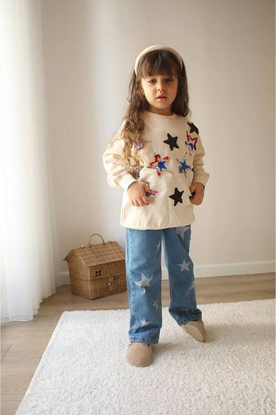 Prime Butik Star Detail Pullu Girl's Jeans Pant 2-Piece Suit