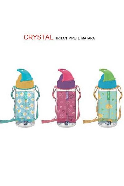 Gıpta Crystal Tritan Patterned Water Bottle with Straw 500 Cc Blue
