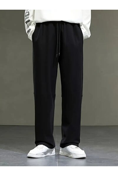 CAONNES Μαύρο φαρδύ ύφασμα, άνετο υφασμάτινο παντελόνι φόρμας642ŞAH MODAFSD