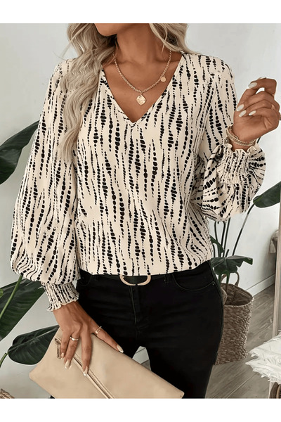 Moda Monisa V Yaka Desenli Uzun Kollu Kadın Bluz | Gipe Kol Detaylı | Şık Süprem Kumaş