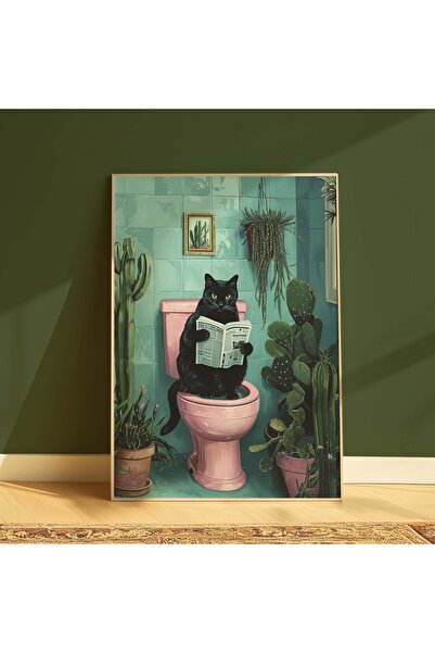 DES VU PRINT Tuvalette Oturan Siyah Kedi, Banyo Temalı Çerçevesiz Kedi Posteri