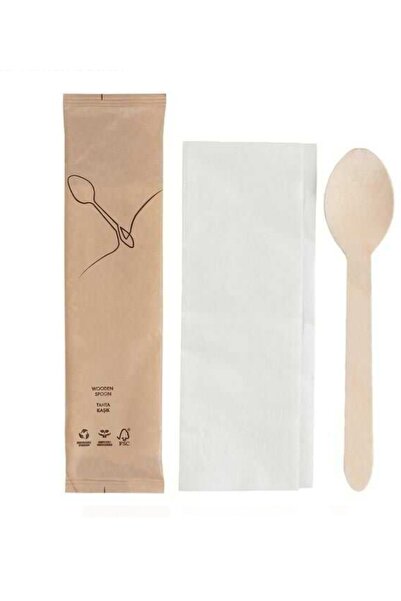 Kraft Tahta Kaşık Peçete Seti 50li Kağıt Ambalajlı Tatlu Sunumları