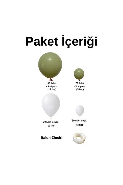 Ata Parti Dünyası Birthday Concept - 100 Pieces White Eucalyptus Balloon Chain Party Set