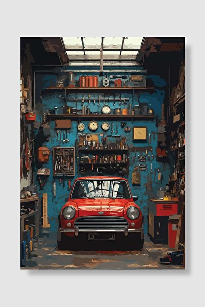 Mudi Store Classic Mini in Garage Araba Poster Çerçevesiz Yüksek Kalite Araba...
