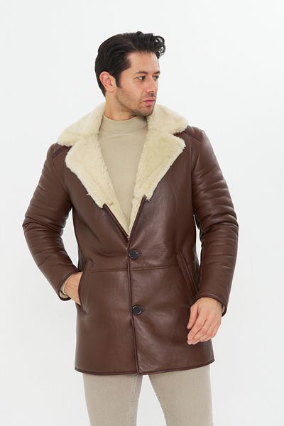 By Marki Marki Genuine Leather Men's Coat - Vintage Brown, 80 Cm, Fur Inside, Buttons - 500822   Limited Edition