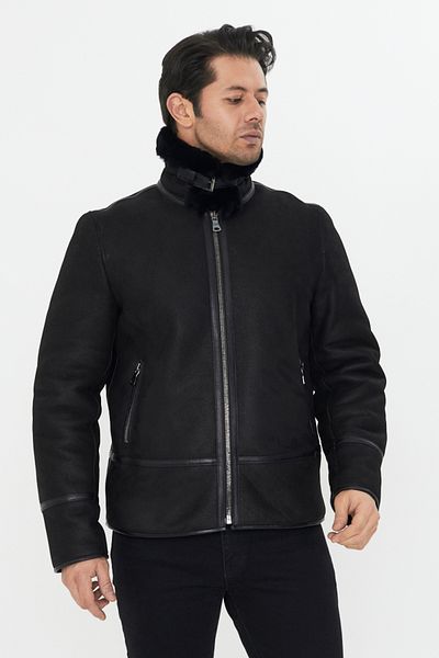 By Marki Marki Men's Black Genuine Nubuck Leather Coat - 73 Cm, Fur Inside, Classic Model - 502122