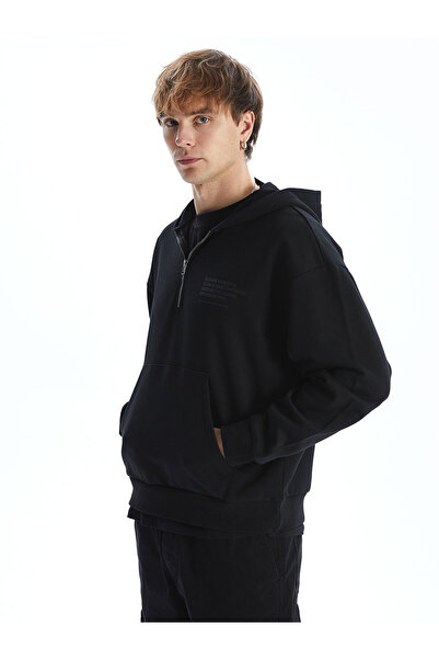 LC Waikiki Black Long Sleeve Printed Men's Thick Hoodie