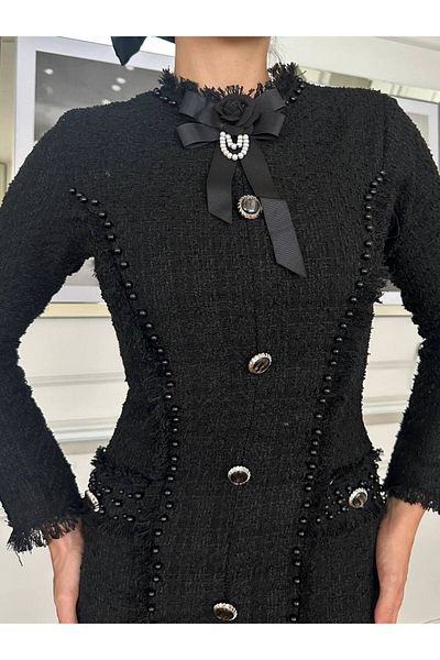 1Moda1Tarz Εισαγόμενο Tweed γυναικείο φόρεμα - Κέντημα με πέρλες, λεπτομέρεια κορδέλας, φούντες και επένδυση