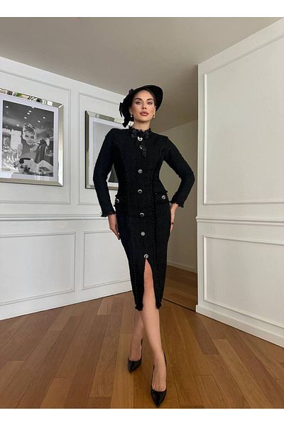 1Moda1Tarz Εισαγόμενο Tweed γυναικείο φόρεμα - Κέντημα με πέρλες, λεπτομέρεια κορδέλας, φούντες και επένδυση