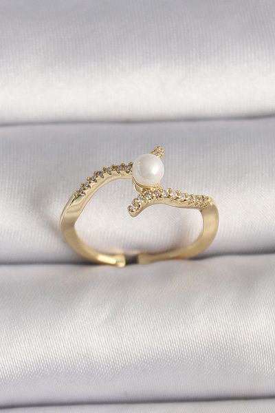 Skygo Brass Gold Color Zircon Stone Pearl Adjustable Ring - Tj-Byk3547