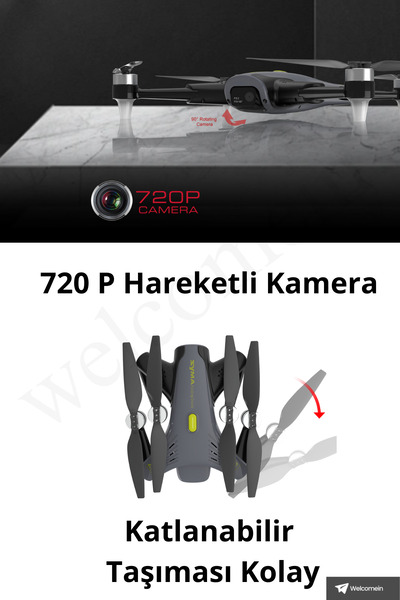 welcomein 720 P Kameralı Drone  20 Dk Uçuş Süreli 2.4 GHz Katlanabilir 1500 mAh Bataryalı Telefon Kontrollü