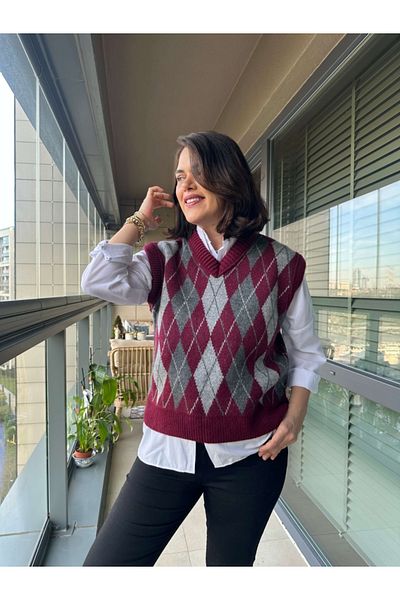Elif Özbey Butik Burgundy Diamond Pattern Trend Sweater