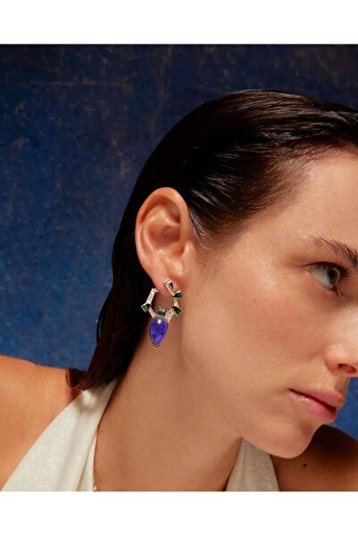 Asteria Jewelry Siyah Beyaz Detay ve Lila Taşlı Tasarım Küpe