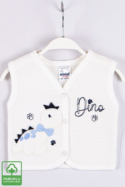 Miniel Baby Boy Dino Embroidered Organic Cotton 1-3-6-9 Months Quilted Baby Vest - Ecru/blue