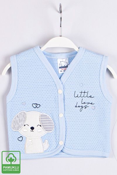 Miniel Baby Boy Love Dogs Embroidered Organic Cotton 1-3-6-9 Months Quilted Baby Vest - Blue