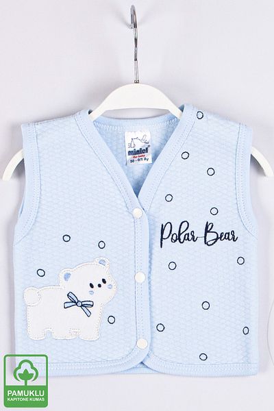 Miniel Baby Boy Polar Bear Embroidered Organic Cotton 1-3-6-9 Months Quilted Baby Vest - Blue