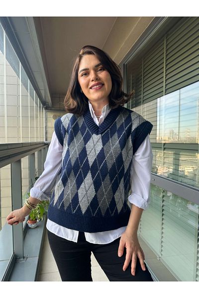 Elif Özbey Butik Navy Blue Diamond Pattern Trend Sweater