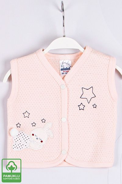 Miniel Baby Girl Sleeping Rabbit Embroidered Organic Cotton 1-3-6-9 Months Quilted Baby Vest - Salmon