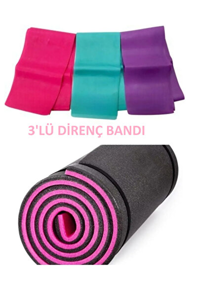 PLUSSPORT PİLATES YOGA MATI VE  3 - Lü Pilates Bandı Seti Direnç Hafif Orta S...
