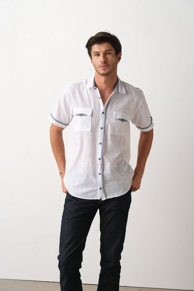 Sosyete Kaplumbağa Men's Flame Cotton Short Sleeve, Stripe and Pocket Detailed Shirt