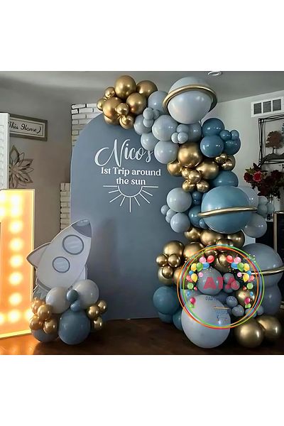 Ata Parti Dünyası Birthday Concept - *Chrome Gold* Storm Blue, Deep Ocean *60 Balloon Chain Party Set